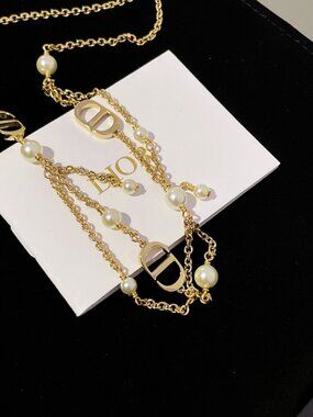 D ior Petit CD Gold Pearl Layered Lariat Necklace 100% Authentic